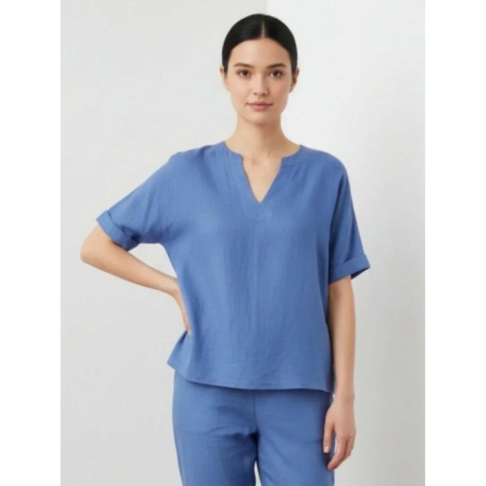 Vineyard Vines Blue Linen Blend Split V-Neck Pleated Blouse Size 4